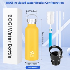 BOGI 600ml Double Wall Vacuum Insulated Stainless Steel Water Bottle-Scratch Resistance&Eco-Friendly for Outdoor Sports Yoga Camping,Straw Flip Cap+Cleaning Brush-1 Year Warranty(Yellow)