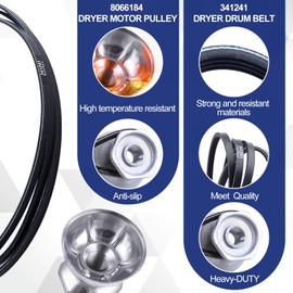 GOLD DEER 341241 Dryer Drum Belt & 8066184Dryer Motor Pulley Compatible with Whirl-pool Kenmore Maytag KitchenAid RoperCrosley Drye...
