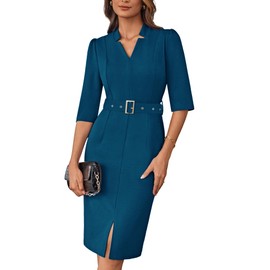 Office Dress for Women V Neck 3/4 Sleeve Sheath Dresses for Women Party Dresses Elegant Midi Pencil Dress XL Peacock Blue
