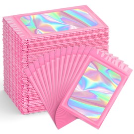 Funfery 300 Pack Smell Proof Resealable Bags for Food Storage,Holographic Bags 4x6 Pink Mylar Clear Bag Packaging Bags for Edibles,Scent Proof Bags for Cookies,Zip Foil Pouch Bags for Small Business