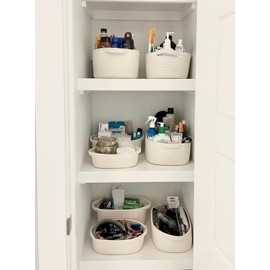 CubesLand Small Cotton Rope Storage Basket Set 5, Shelves Baskets for Organizing with Handle, Decorative Closet Storage Bins for Countertop Toilet Paper Basket for Toilet Tank Top,White Basket