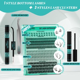 Eyelash Extension Kit, Individual Eyelash Clusters Kit, Bottom Lashes, Fishtail Fan, 20D Spike Fan, 30D Clusters, Lash Bond and Seal Eyelash Remover and Lash Tweezer DIY at Home (4 Styles, D-Mix5-16