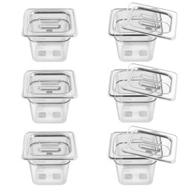 6 Pack 1/6 Size 6'' Deep Clear Food Pans with Lids, Commercial Food Pans Polycarbonate Transparent Food Storage Containers, Stackable Plastic Pan with Capacity Scale, Restaurant Supplies Hotel Pan