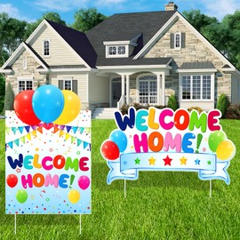 2PCS Colorful Welcome Home Outdoor Yard Sign Decorations Rainbow Welcome Lawn Sign with Stakes Homecoming Sweet Home Sign Supplies for Family Housewarming Military Welcoming Party Yard Garden Decor