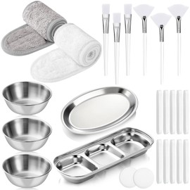 LemonRoad LemonRoad 25 Pcs Esthetician Facial Supplies Set, 3 Stainless Steel Mixing Bowls, 2 Serving Trays, 6 Brushes, 2 Hairbands, 12 Compressed Sponges for Women Facial Mask Spa Home Use (Silver)