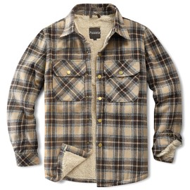 Puwasa Men's Flannel Jackets Sherpa Lined Side Pocket Shirt Jacket Plaid Button Camp Night Coat with Pocket Khaki XX-Large