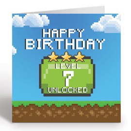 GIGGLE GREETINGS Birthday Card For 7 Year Old Gamer Boy Or Girl - Happy Birthday Level 7 Unlocked Video Gaming Birthday Card With Blue Envelope - Eco Friendly Card