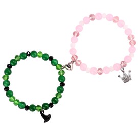 2pcs Friendship Matching Bracelets, Matching Bracelets with Magnet Crown Magnetic BFF Relationship Witch Bracelet Jewelry Gift for Mate Sister Couple(Green & Pink)