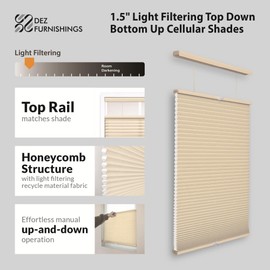DEZ FURNISHINGS Cordless 1.5" Light Filtering Top Down Bottom Up Cellular Shade, 21" W x 48" H, Alabaster