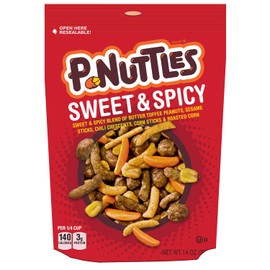 P-Nuttles Sweet & Spicy Snack Mix, 14oz Resealable Bag (Pack of 1) - Butter Toffee Covered Peanuts w/ Sesame Sticks, Chili Crescents, Corn Sticks & Roasted Corn - Kosher Certified Sweet & Spicy Snacks
