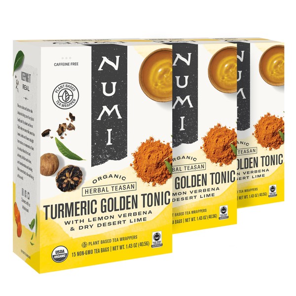 Numi Organic Golden Tonic Turmeric Tea, 12 Tea Bags (Pack of 3) With Lemon Verbena & Lime, Caffeine Free, Packaging May Vary