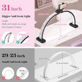Half Moon Manicure Table Light: 31-inch Half Moon Light For Nail Desk With Phone Holder - AB Crystal Nail Tech Lamp For Beginner DIY - 48W Professional Nails Bright Desk Lamp for Salon,Lash,Tattoo