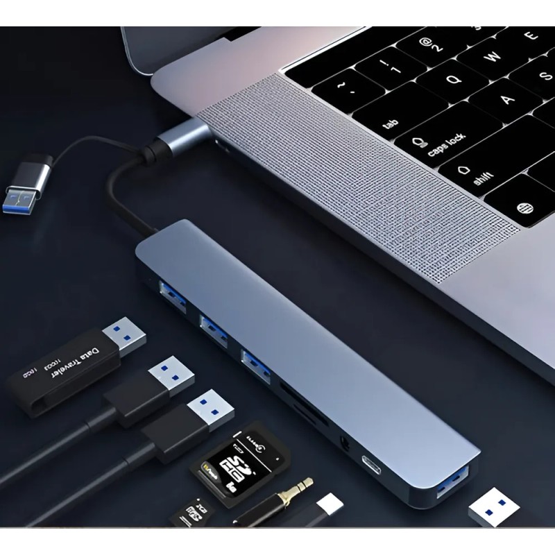 De Usb Hub 8 En 1 Azul Claro, 4 Puertos