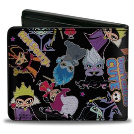 Buckle-Down Men's Wallet, Bifold, Chibi Dont Call Us Cute Collage Black, Vegan Leather, Disney's Villains, 4.0" x 3.5"