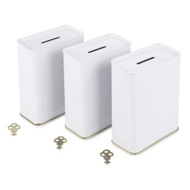 Pack of 3 White Tin Donation Box Money Holder Can with Lock - Blank - one Key