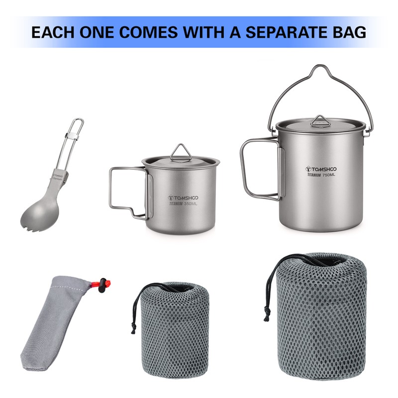 TOMSHOO Lightweight Titanium 3 Pieces Set Titanium 750ml Pot 350ml