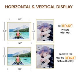 Heimlove 18x24 Aluminum Metal Frame, Gold Photo Frame 16x20 with Mat or 18x24 Without Mat for Wall Mounting, Wall Hook Hanging Hardware Included