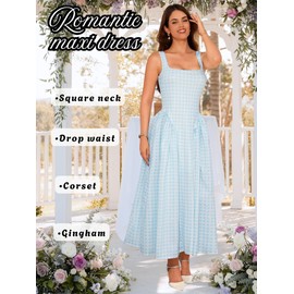 ChiaoLezhee Plaid Maxi Dress Square Neck Drop Waist Wedding Guest Party Flowy A Line Dresses for Women Date Night Pastel Bridesmaid Checkered Corset Gingham Semi Formal Tea Garden Light Blue Large