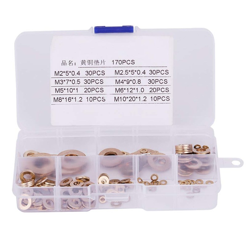 Copper Washer Kit,180Pcs M2/M2.5/M3/M4/M5/M6/M8/M10 Round Brass Flat Ring Washer Assortment