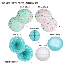 Aiminjey Donut Birthday Party Decorations, 9 Pieces Reusable Round Donut Party Hanging Paper Lanterns, Supplies, Honeycomb Ball Paper Fan for Baby Shower Kids Birthday Party Home Decor (Blue)