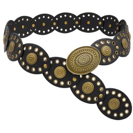 BAOKELAN Oval Disc Belts for Women Wide Leather Concho Belt Boho Western Waist Belts for Dresses Black 150cm/59in