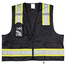 High Visibility Safety Vest with Pockets, Zipper Closure, Dual Tone Reflective Strips, Black, L/XL, SAFEGEAR