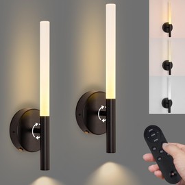 Battery Operated Wall Sconces Set of Two with Remote Control, 360°Rotation Wireless Rechargeable Wall Lights, 3000K-6000K & Dimming LED Wall Lights for Living Room Bedroom Bathroom Hallway 15.7inch