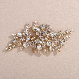 Lenjicons Wedding Floral Rhinestone Hair Comb Sparkling Crystal Bridal Hair Accessories Handmade Rhinestone Wedding Hair Comb Crystal Bridal Headpiece for Women (gold)