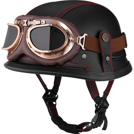 Yesmotor Motorcycle Half Helmet Retro German Handmade Leather Half Face Quick Release Buckle & Goggles - DOT Approved (Black & Red Line, M)