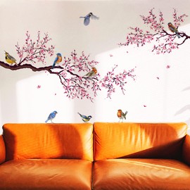 Runtoo Cherry Blossom Wall Art Decals Bird Branch Floral Wall Stickers for Living Room Girls Bedroom Nursery Wall Decor