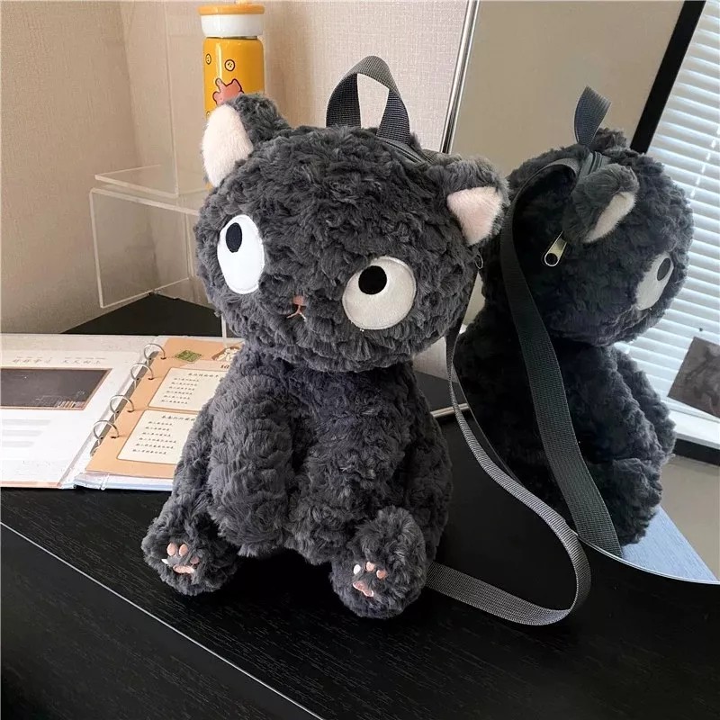 Jextech Mochila Con Cierre Esponjoso Gato Peluche Negro Muñeco 30cm