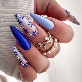 IMRAIN Blue Press on Nails Long Stiletto Fake Nails Flower Glossy Glue on Nails Full Cover Acrylic Spring Nail Art Almond Artificial Extra Long Stick on Nails for Women 24Pcs
