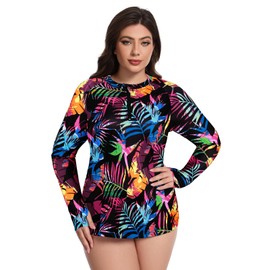 Tanst Sky Women's Rash Guard Swim Top,Bathing Suits for Women Quarter Zip Long Sleeve Crewneck UPF 50+ UV Protection Rashguard Ladies Quick Dry Maillot Swimwear Black-Base Multicolored Leaf 2XL
