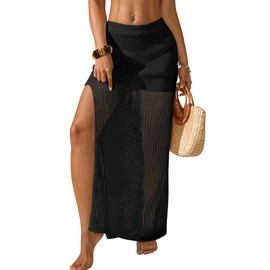 BreathSunny Womens Crochet Knit Elastic Waist Swimsuit Coverup Summer 2025 Trendy Outfits Hollow Out Sheer Side Slit Mesh Swimwear Coverups Beach Swim Bathing Suit Cover Up Maxi Skirt Black M