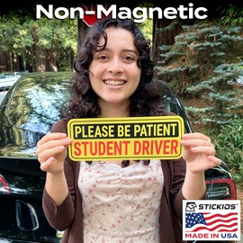 Stickios Student Driver Stickers - Removable Non-Magnetic Vinyl Decal Signs for Cars & Windows - Made in USA (10x4 inches, 2-Pack)