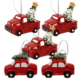 Banberry Designs Red Truck Christmas Ornaments - 3 Trucks and 2 Cars with Christmas Tree #2083