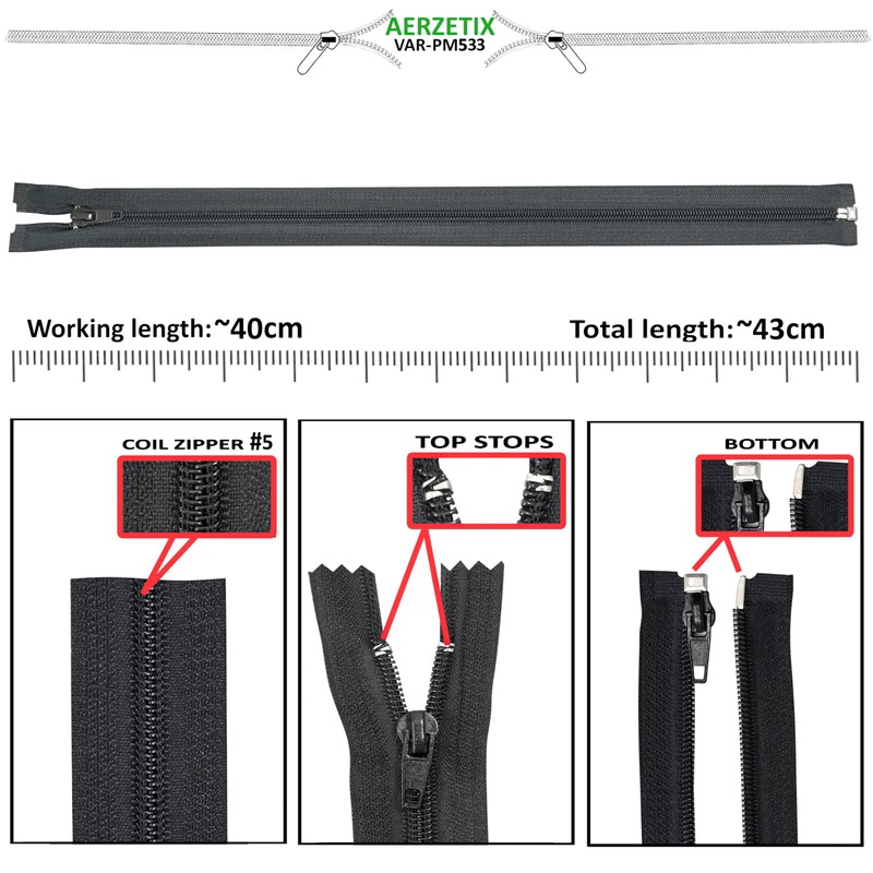 AERZETIX - Set of 8 Spiral Zippers N°5 40 cm