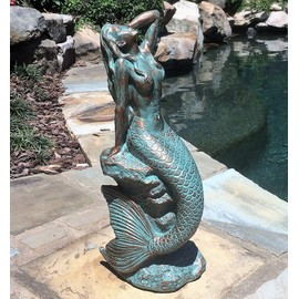 homestyles 16 in. Large Sexy Mermaid Sitting on Coastal Rock Beach Nautical Garden Statue in Bronze Patina Pool Patio Lawn Statue