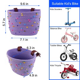 Kids Bike Basket, Bike Basket for Boy and Girl, Children's Bicycle Basket Woven with Sisal Rope, Cute Kids Bike Decorative Accessories for Kids Bikes, Balance Bikes and Scooters (Purple)