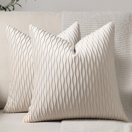 DEZENE Ivory White Couch Pillow Covers: 2 Pack 22x22 Inch Original Striped Velvet Square Throw Pillow Cases for Farmhouse Home Decor