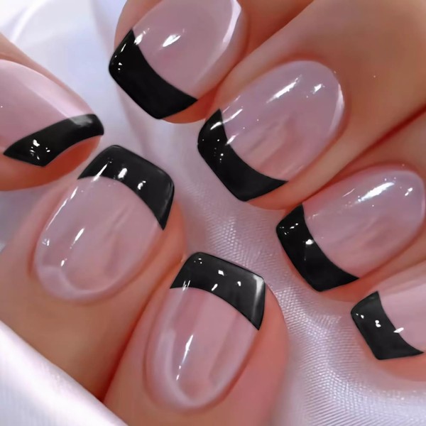 BABALAL Press On Nails Short - Black French Tip Nails,