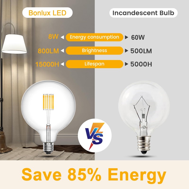 Bonlux 8W G125 LED Globe Light Bulbs, E26 Large Dimmable