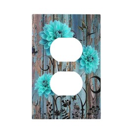 Rustic Farmhouse Floral 1 Gang Outlet Covers Duplex Receptacle WallPlate Decorative Teal Daisy Flowers Butterfly Old Wooden Board Country Electrical Faceplate Switchplates Turquoise Blue Bedroom Decor