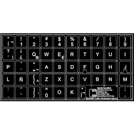 Spanish Latin American Decals for Keyboard Matte Black Background (14x14) for Desktop, Laptop and Notebook