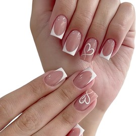 JYNXOR 24 Stück Weiße French Tip Press On Nägel, Sargnägel, mittelgroß, Künstliche Nägel mit Herz-Design, zum Aufkleben der Nägel, glänzende Vollabdeckung