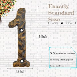 5.5 Inch House Numbers - Solid Cast Iron - Uneven Bronze Finish with Rustic Hammered Appearance - Craftsman Style Address Numbering for Home, Street, Door, Mailbox - Number 1