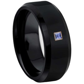 Beveled Black Mens Tungsten Carbide Wedding Band with 0.05ctw - 0.10ctw Princess Cut Tanzanite - Comfort Fit Tungsten Anniversary Ring - RG Bezel