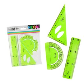 Neon Maths Set Math Flexible Ruler Protractor Square 3 PC Bright Colours School (Neon Green)