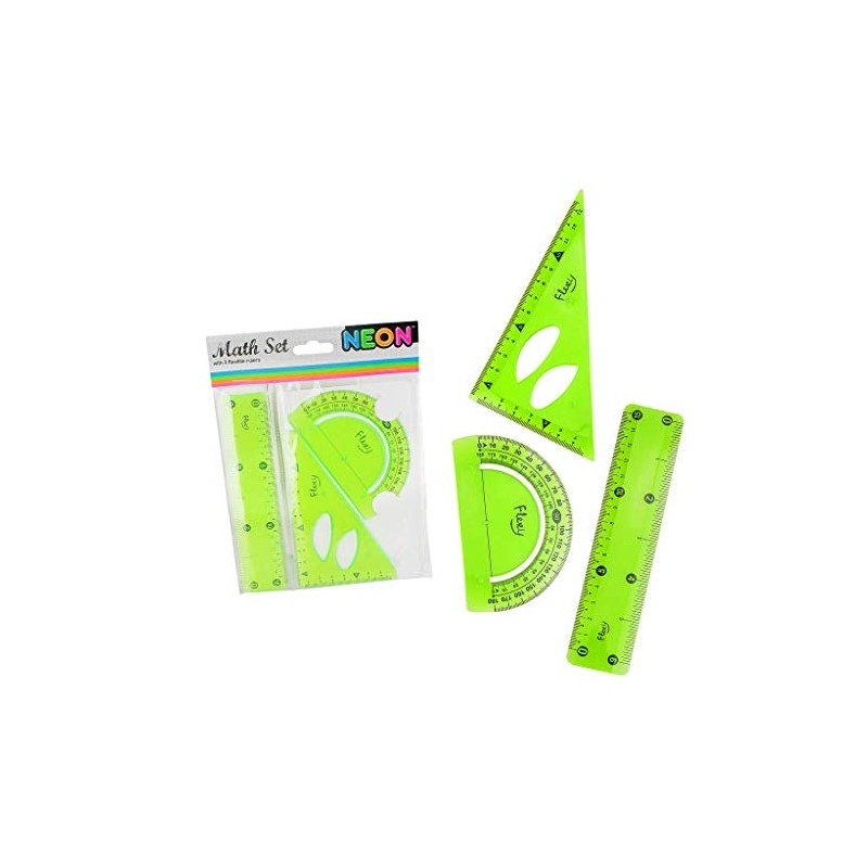 Neon Maths Set Math Flexible Ruler Protractor Square 3 PC