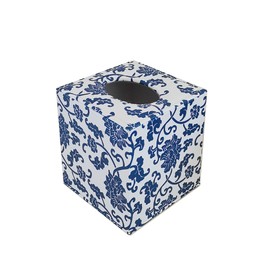 S Forever Home Decor Flower Pattern Faux Leather Tissue Box Cover (Square,Blue and White Porcelain)